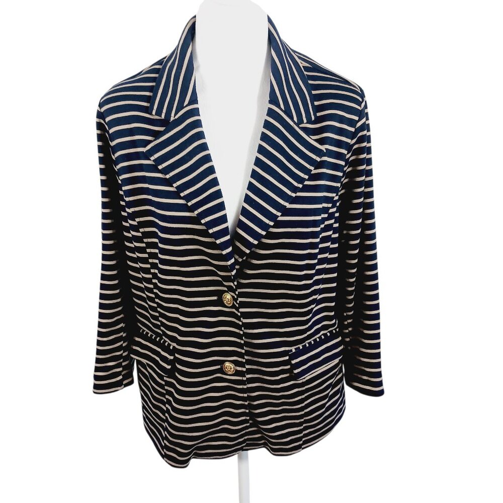NWOT Joan Rivers Dark Navy and Tan Stripe Blazer - Jacket SZ L, Preppy, Coastal
